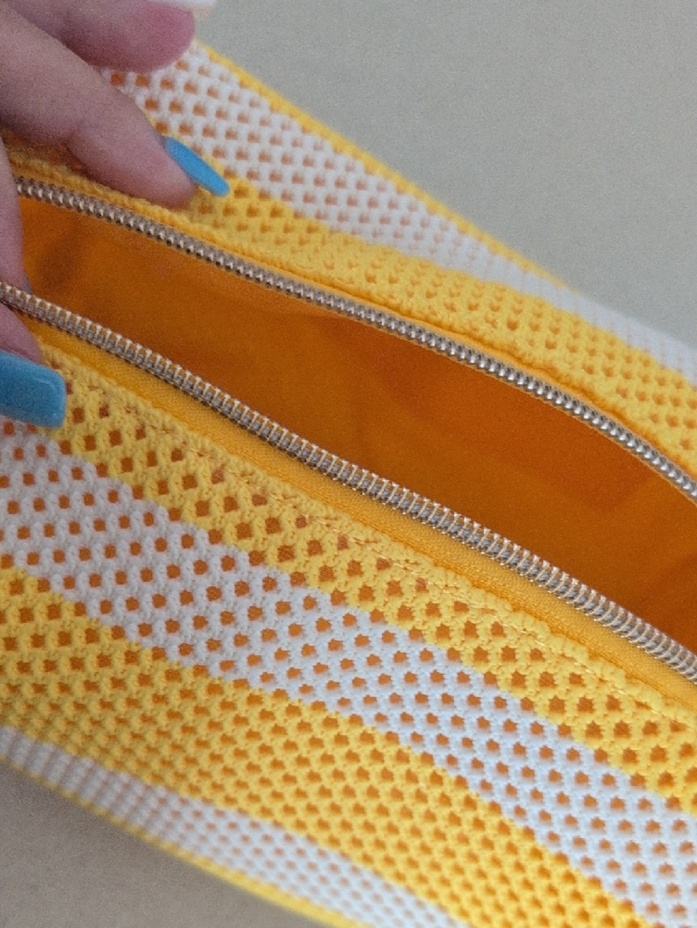 Blush Crochet Cosmetic Pouch in Yellow and White with Red Cherry Charm - Picture 10 of 10